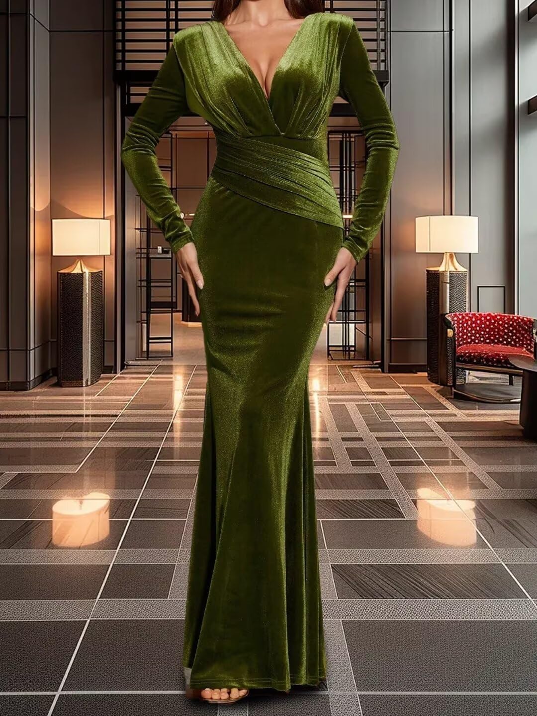 Women Formal Long Sleeves Women's Formal Prom Dresses Sexy Wrap V-Neck Mermaid Evening Party Gown